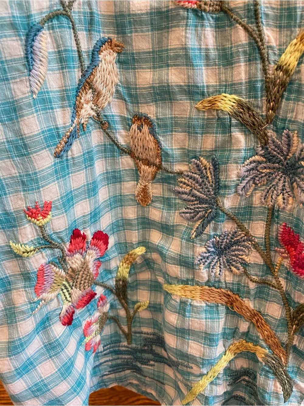 Johnny Was Turquoise Gingham Embroidered Button-Front Blouse , great condition! - Picture 13 of 16